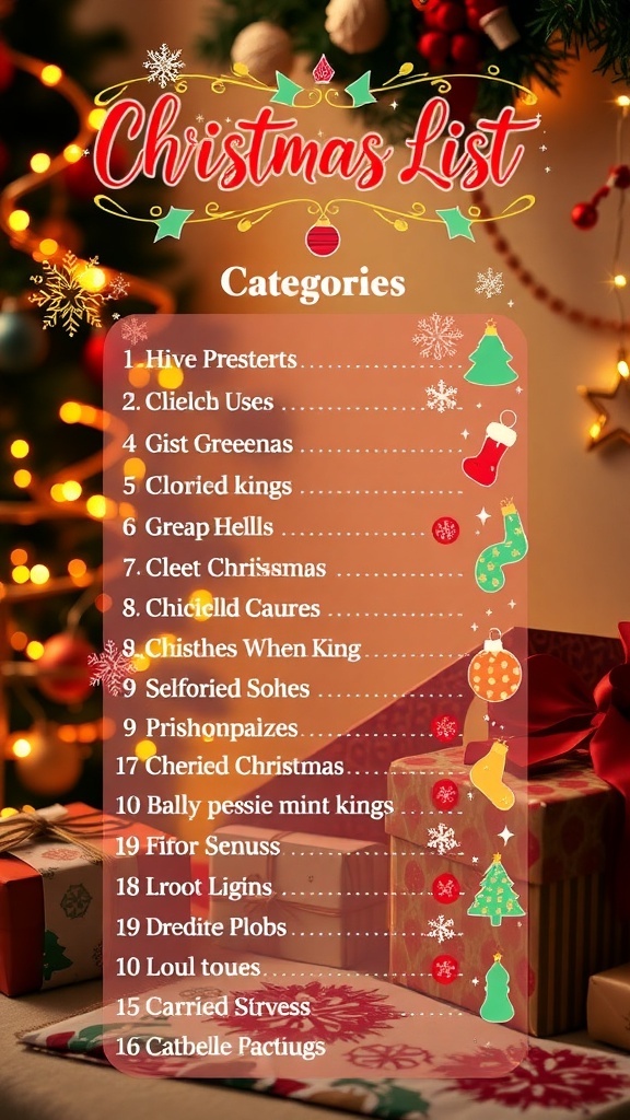A colorful Christmas list with festive designs, showcasing sections for gift categories, surrounded by holiday decorations.